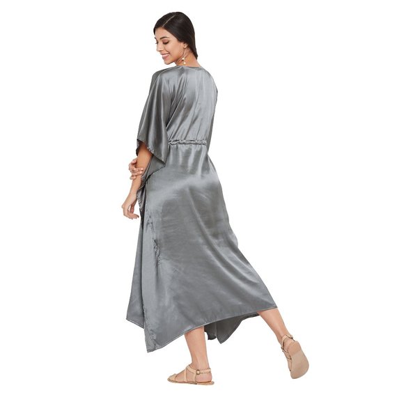 Womens Gray Night Dress with Sleeve Comfortable Silky Soft Kaftan Ladies Nighty - Picture 7 of 7